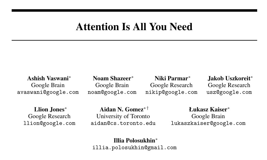 Original title and author block of Attention Is All You Need, by Vaswani and colleagues, June 2017